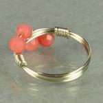 Sterling Silver Wire Wrap Ring With Pink Coral..