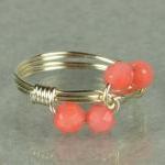Sterling Silver Wire Wrap Ring With Pink Coral..
