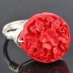 Sterling Silver Wire Wrapped Ring With Red Carved..