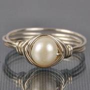Pearl Sterling Silver Ring - Wire Wrapped White Freshwater Pearl- Custom Made to Size