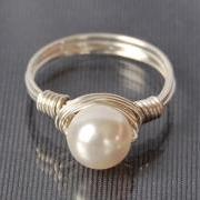 Wire Wrapped Sterling Silver Ring with White Swarovski Pearl- Custom Made to Size
