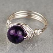 Sterling Silver Wire Wrapped Ring with Round Amethyst Gemstone- Custom Made to Size