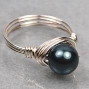Wire Wrapped Sterling Silver Ring with Tahitian Blue Swarovski Pearl- Custom Made to Size