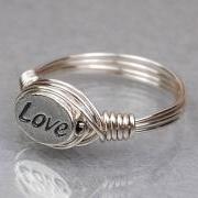 Sterling Silver Wire Wrap Ring with Oval LOVE Sterling Silver Bead - Custom Made to Size
