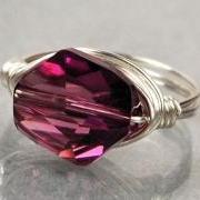 Sterling Silver Wire Wrapped Ring with Amethyst Purple Swarovski Crystal- Custom Made to Size
