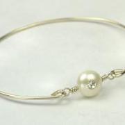 Sterling Silver Filled Bangle Bracelet with White Freshwater Pearl with Swarovski Crystal - Custom Made to Size