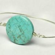 Turquoise Bangle Bracelet- Large Round Turquoise Bead and Sterling Silver Filled Wire- Custom Made to Size