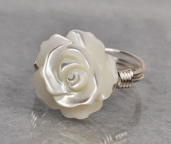 Wire Wrapped Sterling Silver Ring With White Mother Of Pearl Carved Rose/flower- Custom Made To Size