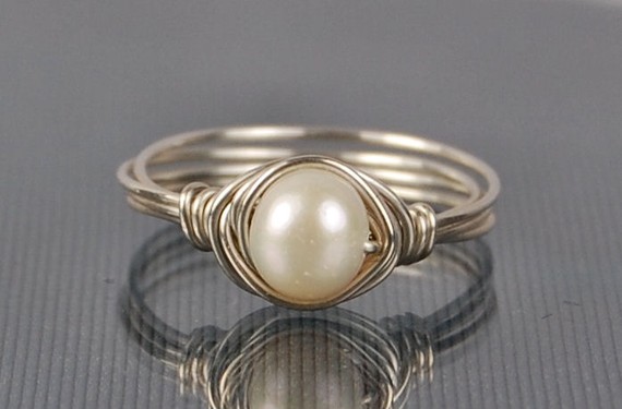 Pearl Sterling Silver Ring - Wire Wrapped White Freshwater Pearl- Custom Made To Size