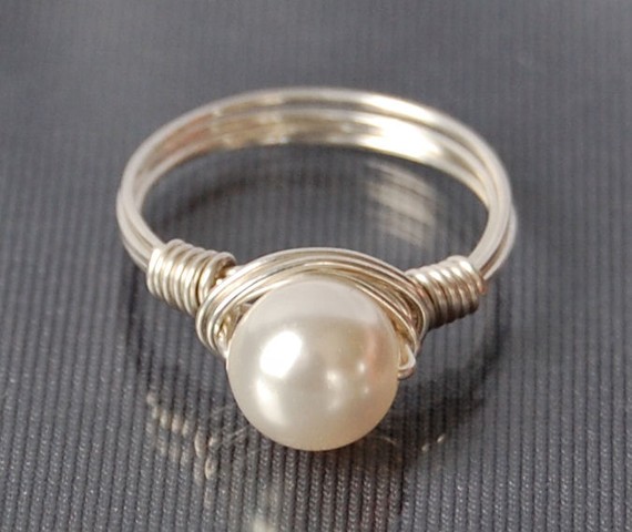 Wire Wrapped Sterling Silver Ring With White Swarovski Pearl- Custom Made To Size