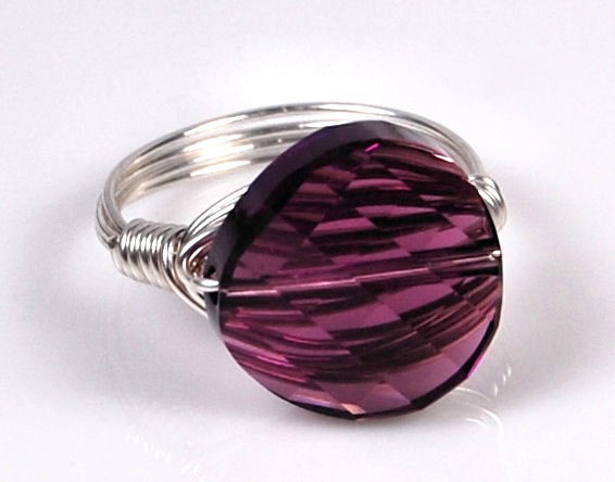 Sterling Silver Wire Wrapped Ring With Amethyst Purple Swarovski Crystal- Custom Made To Size