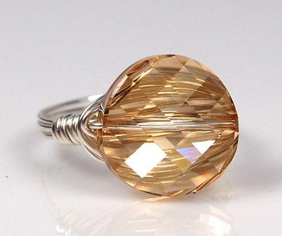 Wire Wrapped Sterling Silver Ring With Golden Swarovski Crystal- Custom Made To Size