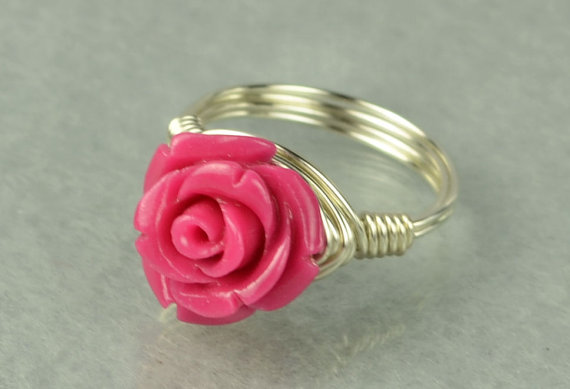 Sterling Silver Wire Wrapped Ring With Pink Gemstone Rose- Custom Made To Size