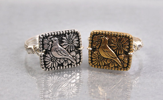 Sterling Silver Wire Wrapped Ring With Your Choice Of Silver Or Gold Bird Bead- Custom Made To Size