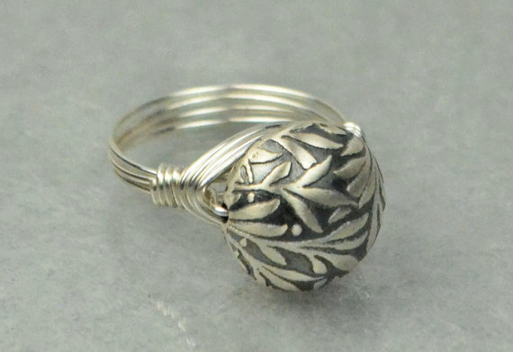 Sterling Silver Wire Wrapped Ring- Leaves Bead - Custom Made To Size