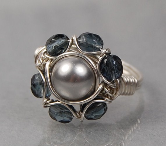 Sterling Silver Wire Wrapped Ring- Light Grey Swarovski Pearl And Grey Faceted Glass- Custom Made To Size