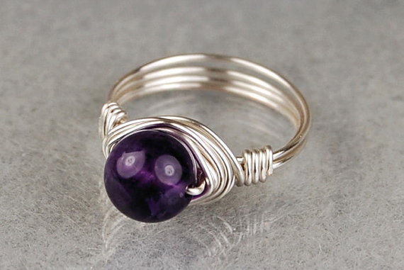 Sterling Silver Wire Wrapped Ring With Round Amethyst Gemstone- Custom Made To Size