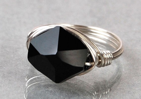 Sterling Silver Wire Wrapped Ring With Black Swarovski Crystal- Custom Made To Size