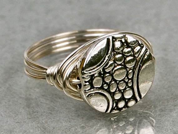 Wire Wrapped Sterling Silver Ring With Pewter Pebble Bead- Custom Made To Size