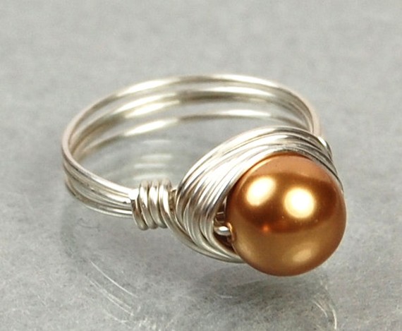 Pearl Ring In Sterling Silver - Wire Wrapped Bright Gold Swarovski Pearl- Custom Made To Size