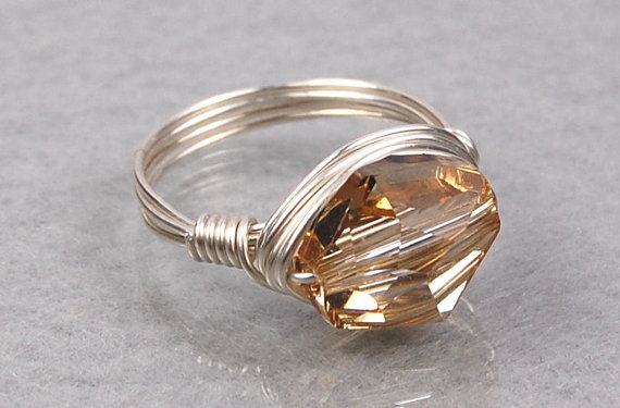 Wire Wrapped Sterling Silver Ring With Golden Shadow Swarovski Crystal- Custom Made To Size
