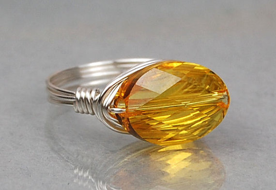 Wire Wrapped Sterling Silver Ring With Light Topaz Oval Swarovski Crystal - Custom Made To Size