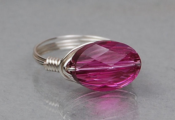 Sterling Silver Wire Wrapped Ring With Fuchsia Oval Swarovski Crystal - Custom Made To Size
