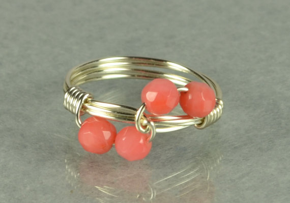 Sterling Silver Wire Wrap Ring With Pink Coral Beads- Wave Design- Custom Made To Size