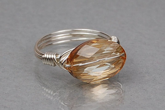 Sterling Silver Wire Wrapped Ring With Golden Oval Swarovski Crystal; Custom Made To Size