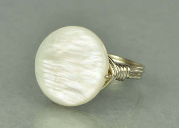 Wire Wrapped Sterling Silver Ring With White Mother Of Pearl Circle Shell- Custom Made To Size
