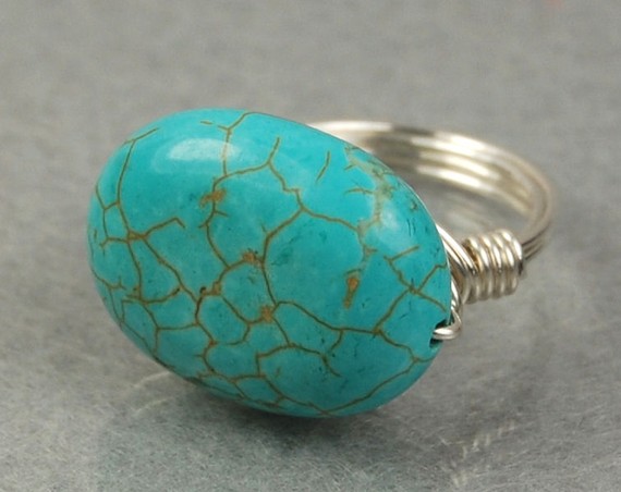 Large Turquoise Sterling Silver Wire Wrapped Ring- Oval Gemstone- Custom Made To Size