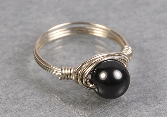 Sterling Silver Wire Wrapped Ring - Dark Grey Swarovski Pearl- Custom Made To Size