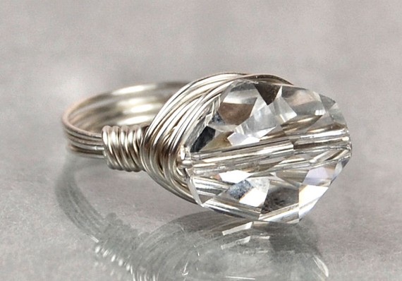 Sterling Silver Wire Wrapped Ring With Clear Swarovski Crystal- Custom Made To Size
