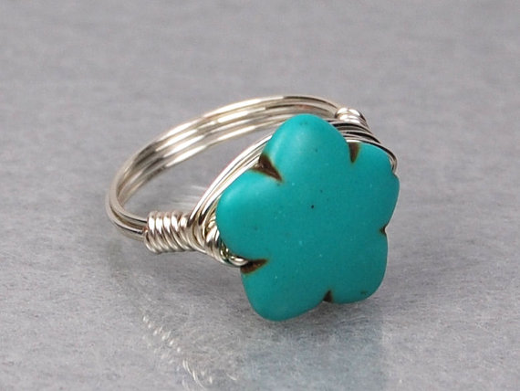 Turquoise Wire Wrapped Ring- Sterling Silver With Carved Howlite Flower Gemstone- Custom Made To Size