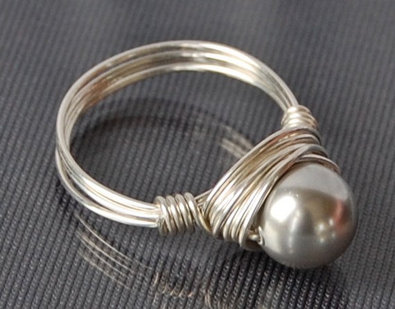 Sterling Silver Wire Wrapped Light Grey Swarovski Pearl Ring- Custom Made To Size