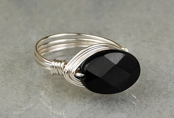 Sterling Silver Wire Wrapped Ring- Oval Faceted Onyx Gemstone- Custom Made To Size