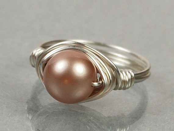Sterling Silver Wire Wrapped Ring- Almond Swarovski Pearl- Custom Made To Size