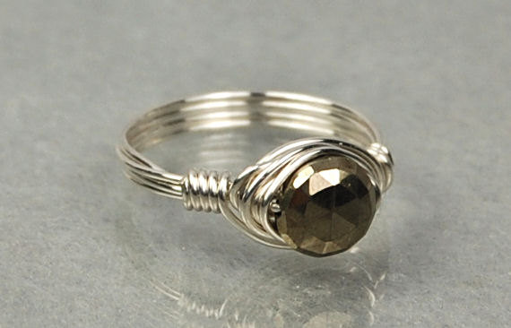 Wire Wrapped Sterling Silver Ring With Tiny Round Faceted Pyrite Gemstone- Custom Made To Size