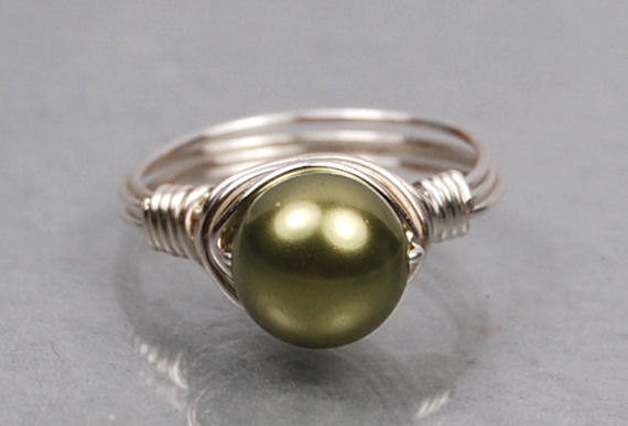 Wire Wrapped Sterling Silver Ring With Green Swarovski Pearl- Custom Made To Size