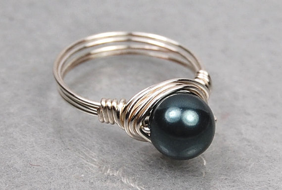Wire Wrapped Sterling Silver Ring With Tahitian Blue Swarovski Pearl- Custom Made To Size