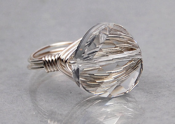 Wire Wrapped Sterling Silver Ring With Clear Twist Crystal- Custom Made To Size