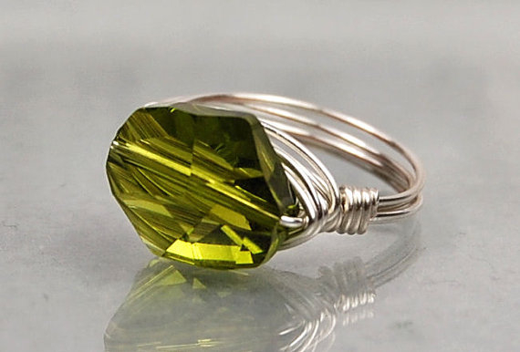 Sterling Silver Wire Wrapped Ring With Olivine Green Swarovski Crystal- Custom Made To Size