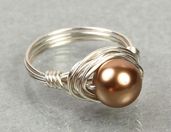 Wire Wrapped Sterling Silver Ring With Bronze Swarovski Pearl- Custom Made To Size