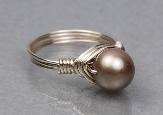 Wire Wrapped Sterling Silver Ring With Platinum Swarovski Pearl- Custom Made To Size