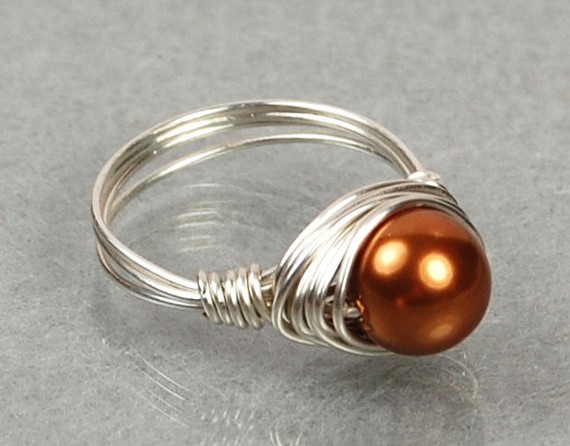 Pearl Wire Wrapped Ring- Sterling Silver With Copper Swarovski Pearl- Custom Made To Size