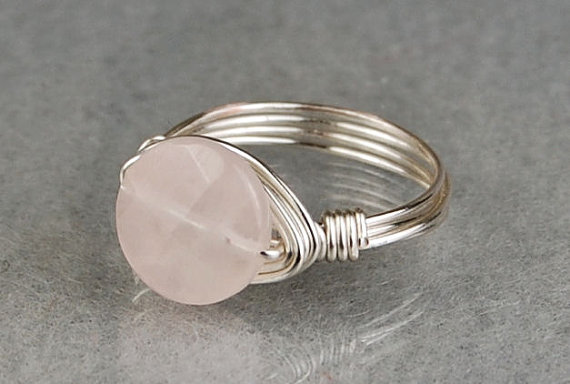 Sterling Silver Wire Wrapped Ring With Faceted Round Rose Quartz Gemstone- Custom Made To Size