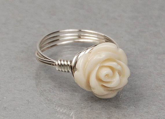 Sterling Silver Wire Wrapped Ring With Antique White Carved Gemstone Rose- Custom Made To Size