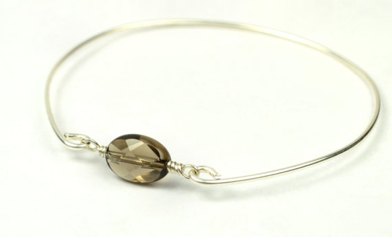 Bangle Bracelet- Oval Smoky Quartz Gemstone Bead And Sterling Silver Filled Wire- Custom Made To Size