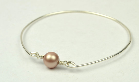 Silver Bangle Bracelet- Almond Swarovski Pearl Bead And Sterling Silver Filled Wire- Custom Made To Size
