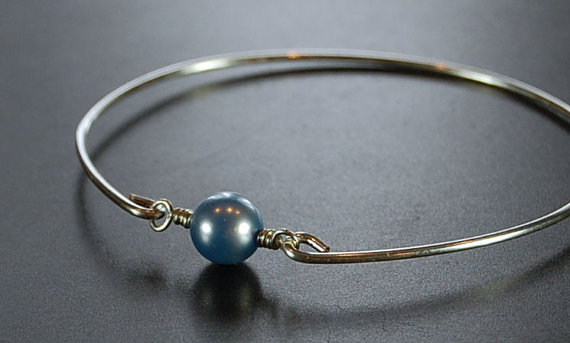 Sterling Silver Bangle Bracelet- Powder Blue Swarovski Pearl Bead And Sterling Silver Filled Wire- Custom Made To Size